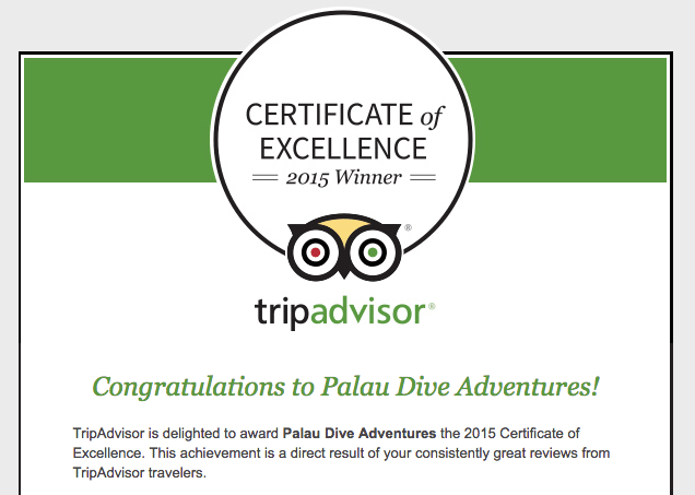 palau dive adventures certificate of excelence 2015