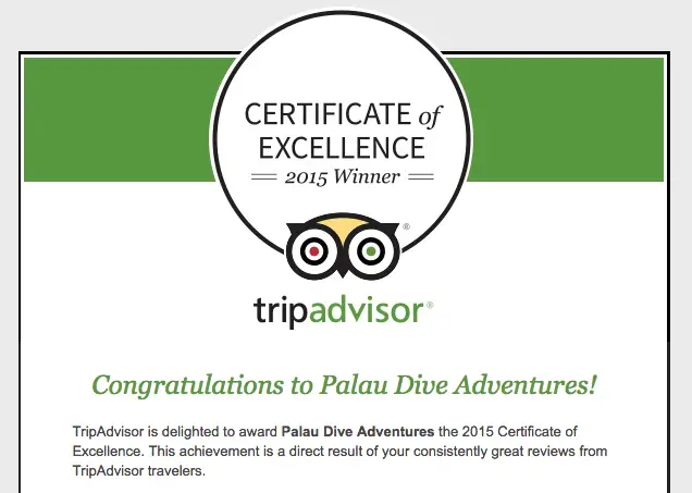 palau dive adventures certificate of excelence 2015