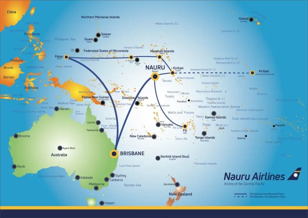 Infographic map showing Nauru Airlines’ Palau Paradise Express route from Brisbane, Australia to Koror, Palau, highlighting the direct 5.5–6 hour flight path.